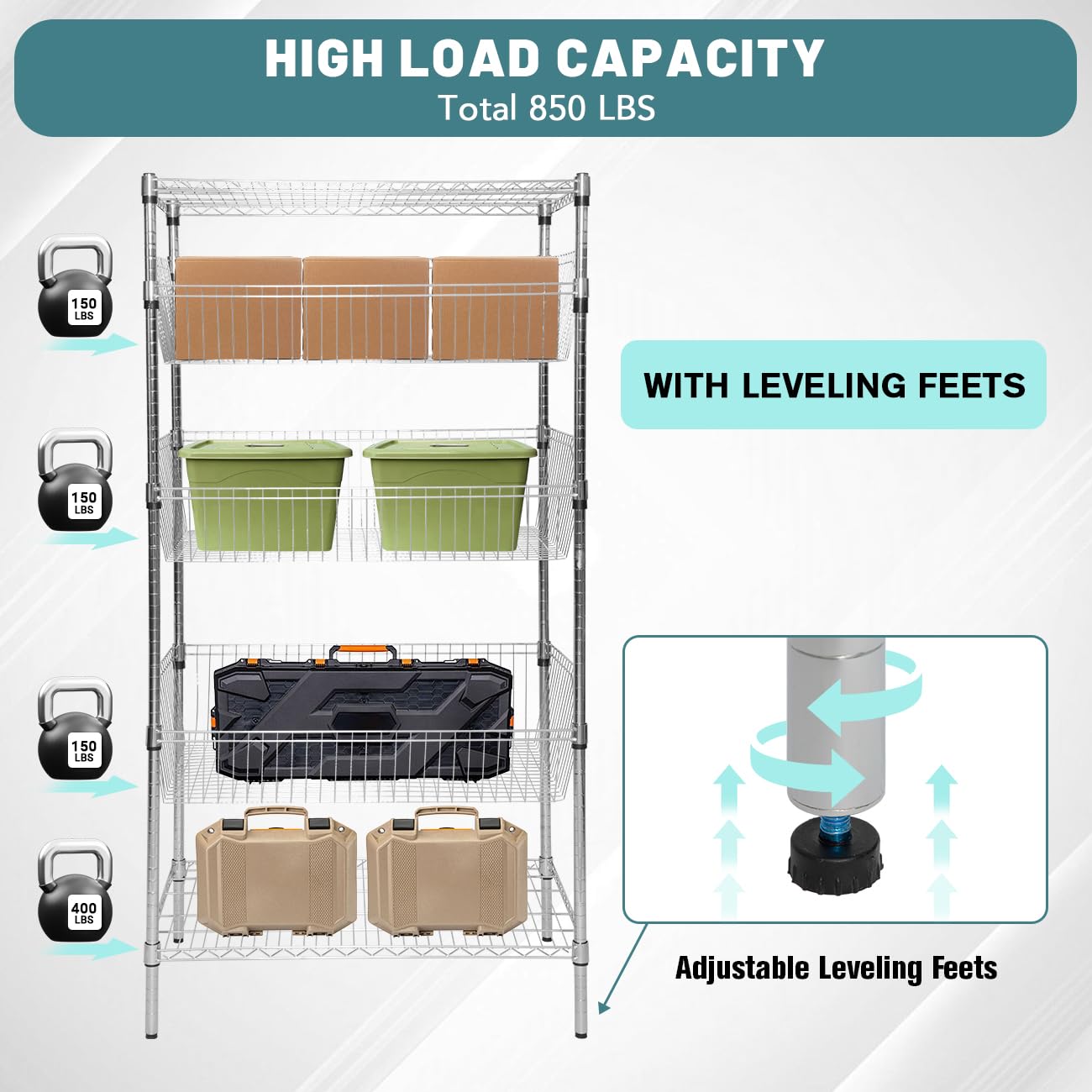 biosp 4-Tier Adjustable Metal Wire Rack Shelving Unit, Heavy Duty Basket Storage Shelf for Outdoor & Indoor, Bathroom, Laundry, Kitchen, Garage