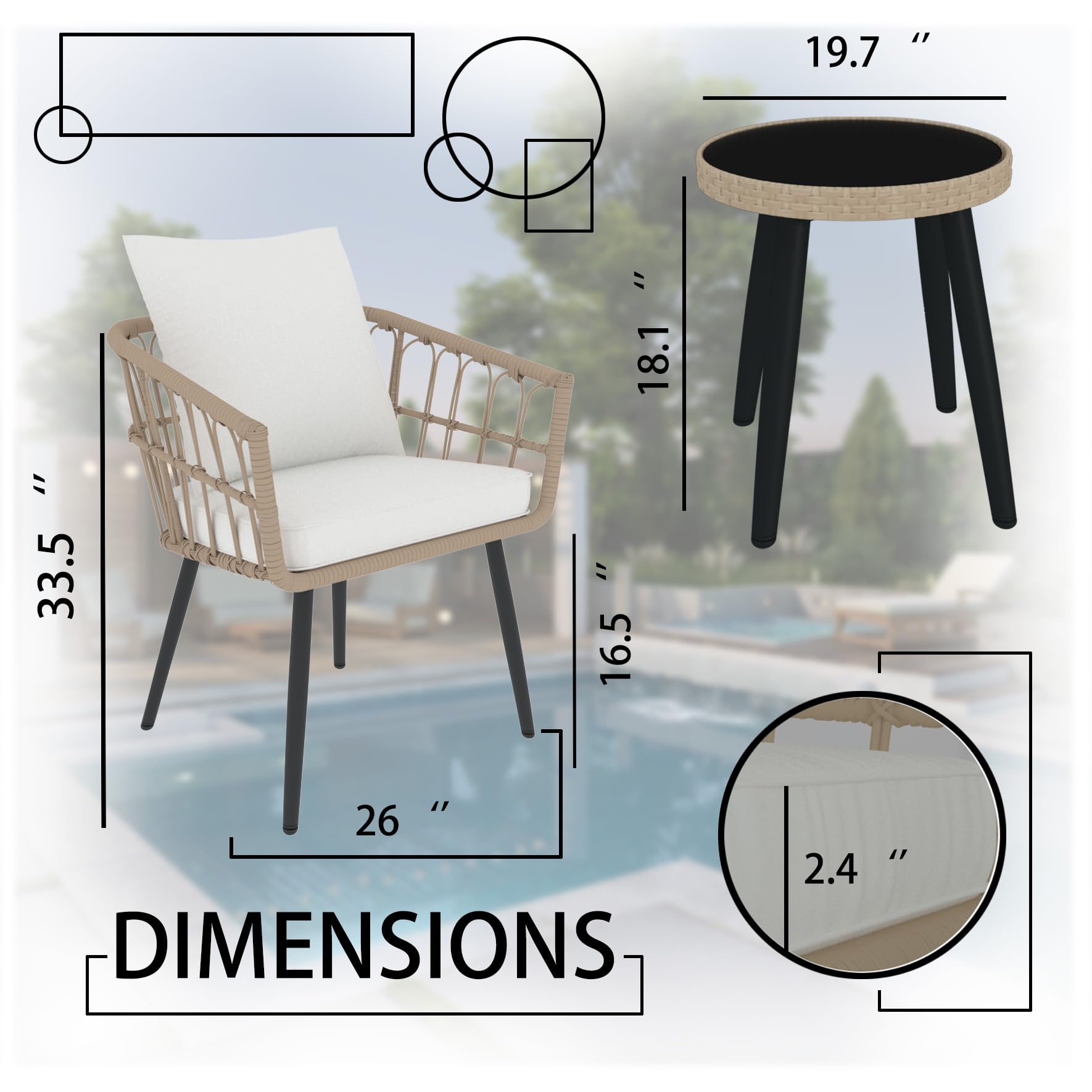 3 Pieces Patio Bistro Set All-Weather Wicker Ratan Conversation Set Outdoor Furniture Chairs w Glass Top Coffee Table and 2 Thick Cushions for Porch Backyard Lawn Poolside (White Cushion)