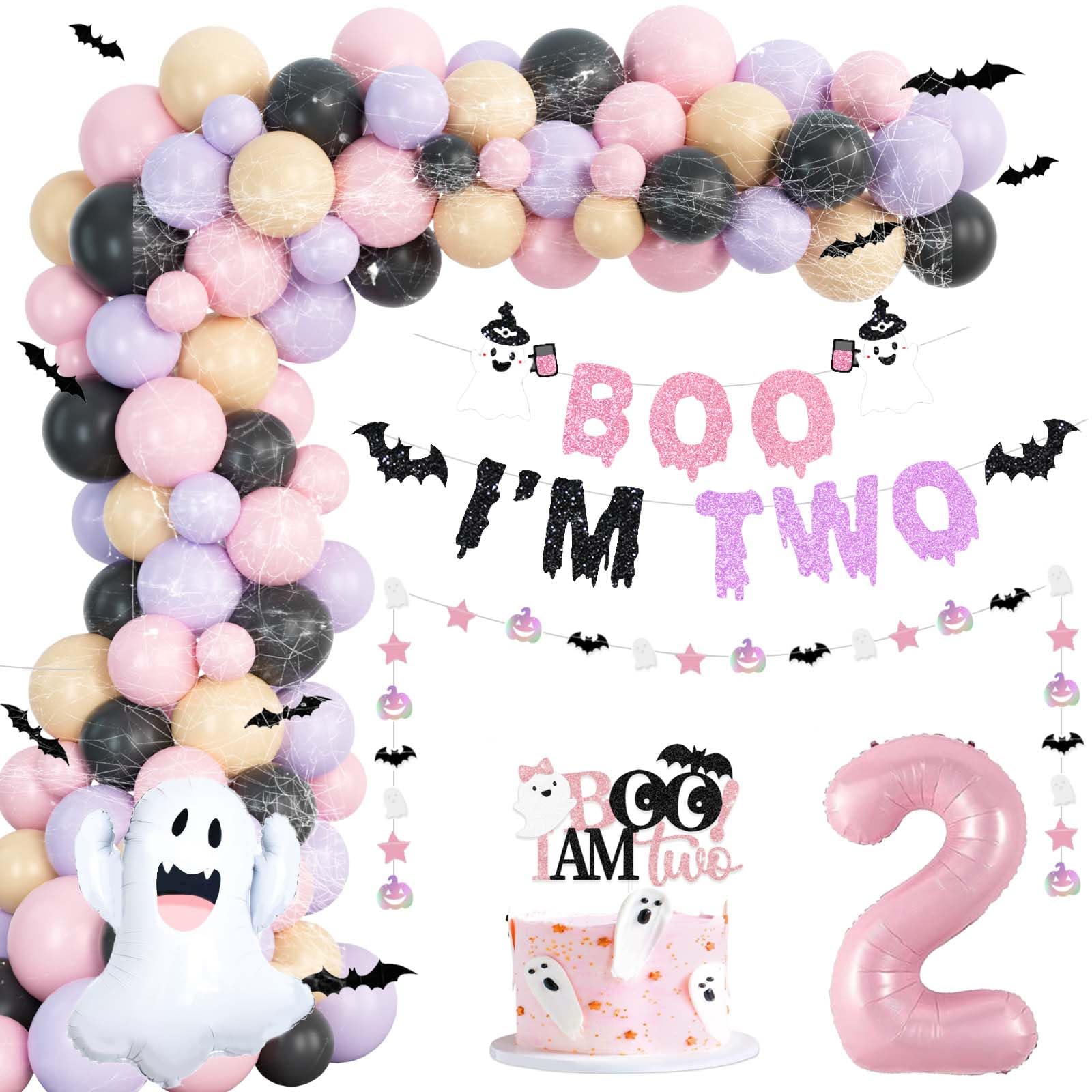 Fiesec Boo I’m Two Decor Birthday Girl, Two Spooky Birthday Decorations Girl, Halloween 2nd Birthday Theme Pink Purple Balloon Garland Arch Kit Banner Cake Topper Ghost Bat