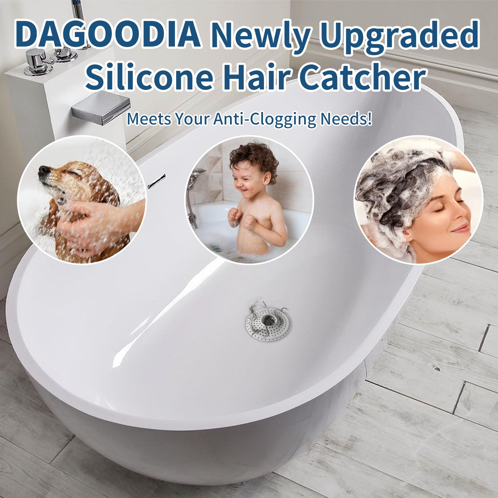 Dagoodia Shower Drain Hair Catcher, 3 PCS Silicone Collapsible Bathtub Drain Hair Catcher & Protector Tub Drain Hair Trap/Strainer Desiged for 1.47" to 1.75'' Regular Drains