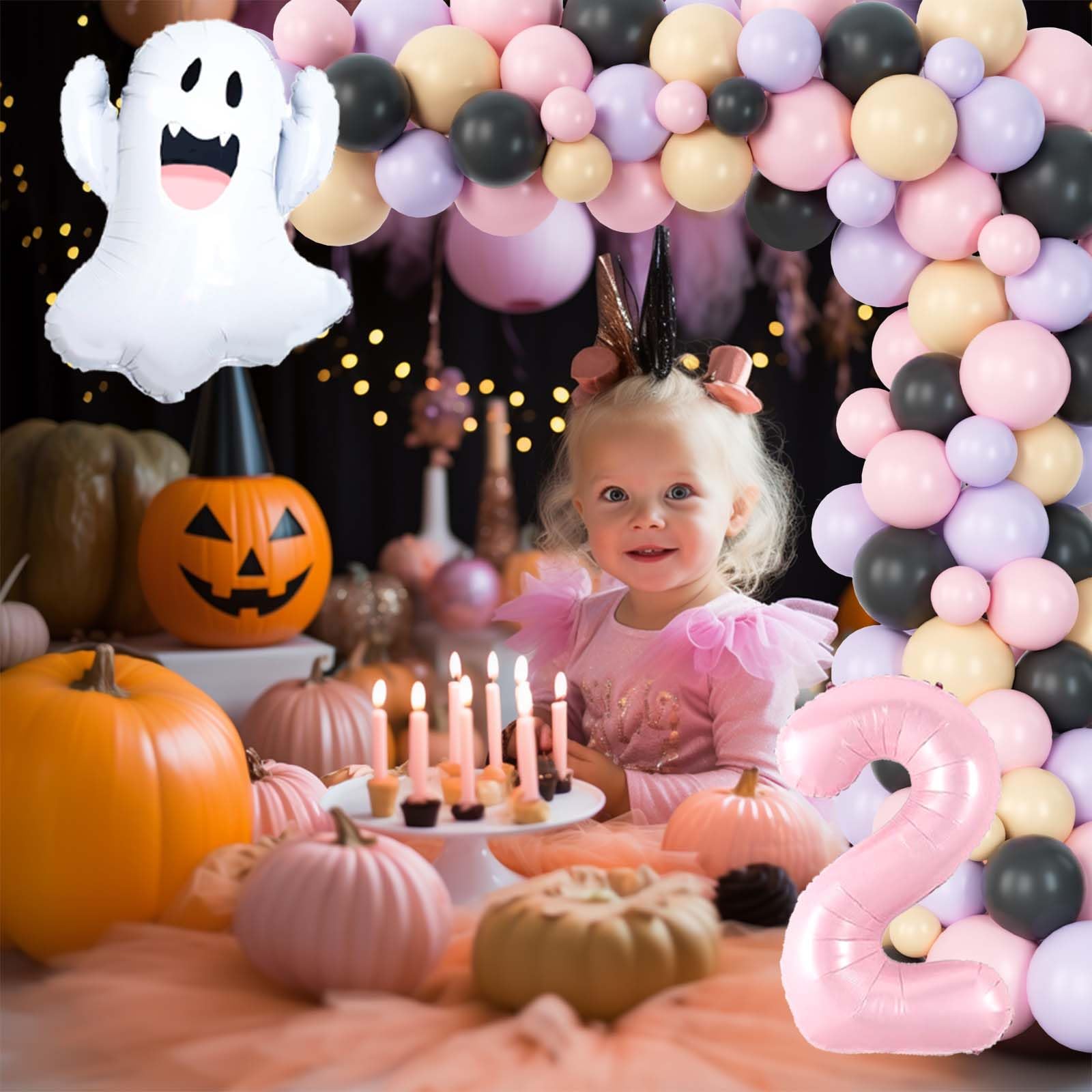 Fiesec Boo I’m Two Decor Birthday Girl, Two Spooky Birthday Decorations Girl, Halloween 2nd Birthday Theme Pink Purple Balloon Garland Arch Kit Banner Cake Topper Ghost Bat