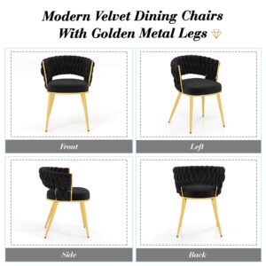 KCC Velvet Dining Chairs Set of 2, Gold Modern Dining Chair with Metal Legs, Woven Upholstered Dining Chairs for Dining Room, Kitchen, Vanity, Living Room (Black)