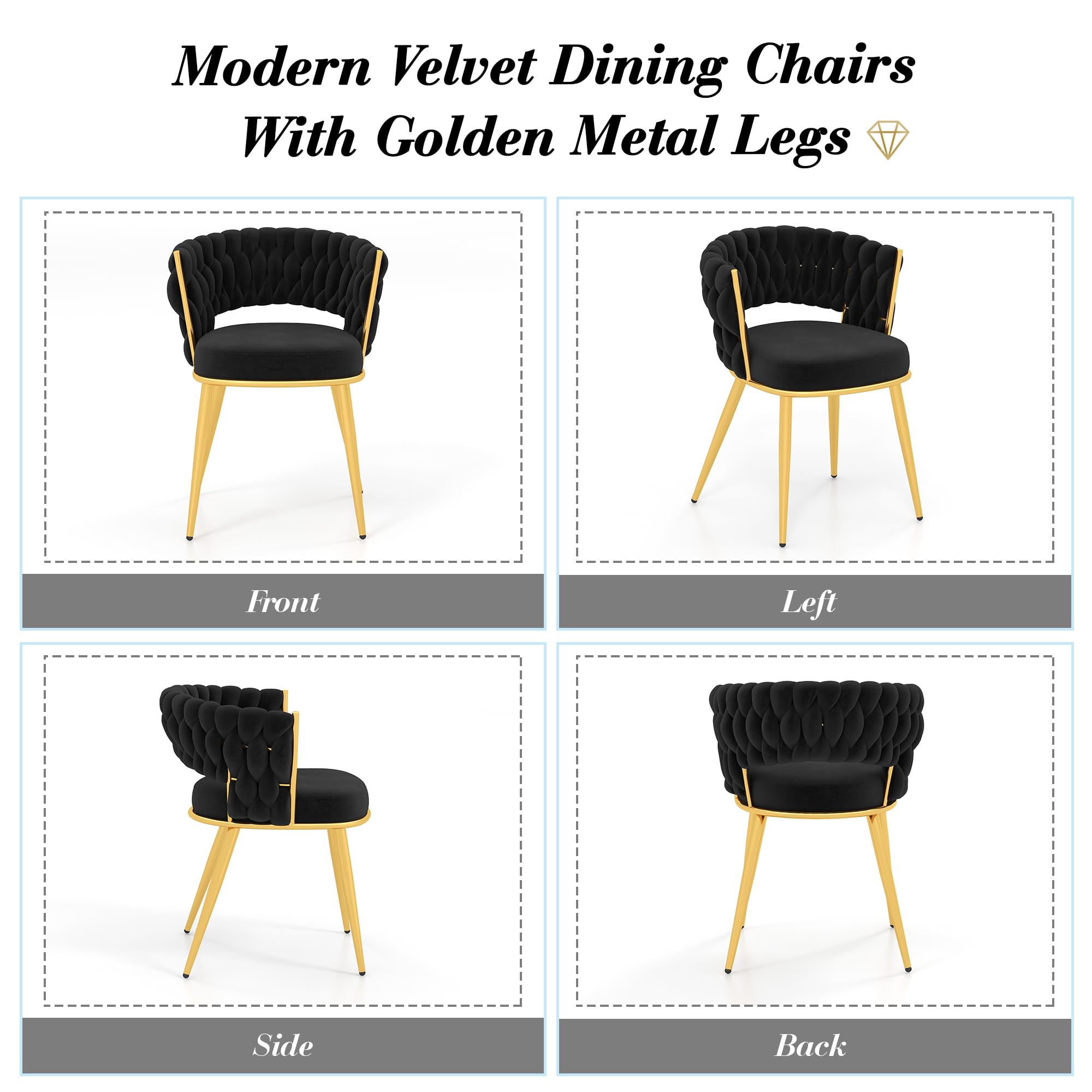 KCC Velvet Dining Chairs Set of 2, Gold Modern Dining Chair with Metal Legs, Woven Upholstered Dining Chairs for Dining Room, Kitchen, Vanity, Living Room (Black)