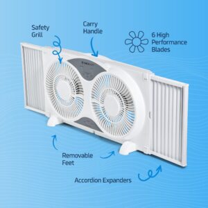 Nexair 9" Twin Window fan with Remote Control, 3 Speed Bedroom window fan reversible Airflow Exhaust And Intake Quiet Operation, Fan Window Easy to install Seals with Built-In panels extending 24"-37"