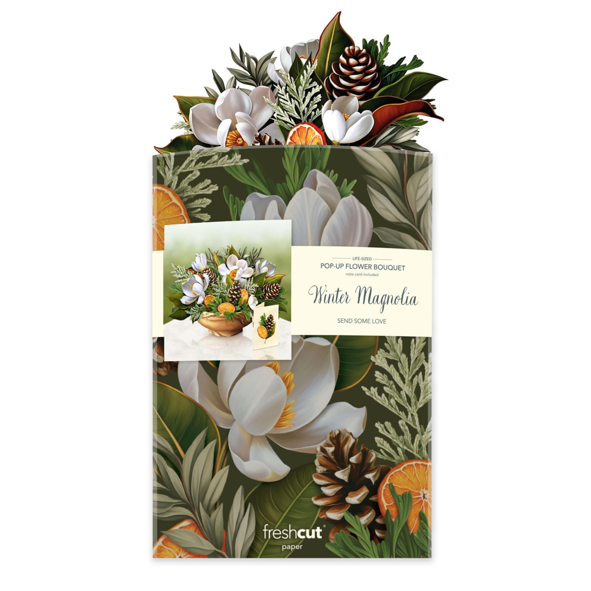 Freshcut Paper Pop Up Cards, Winter Magnolia 15 inch Paper Flower Bouquet Greeting Cards with Blank Note Card & Envelope, Birthday Gifts for Women, Holiday Cards