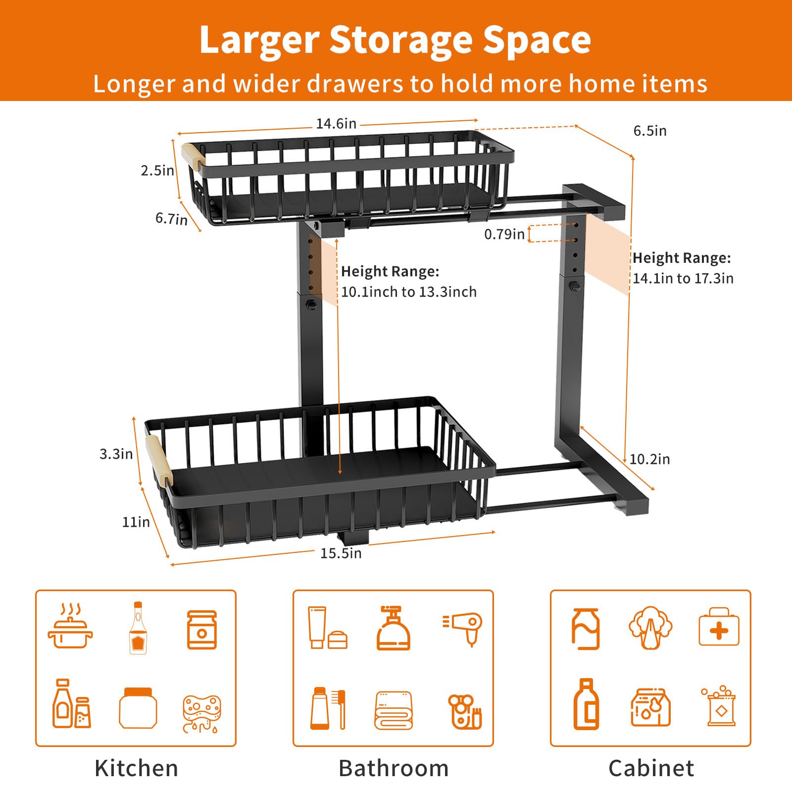 Metal Under Sink Organizer with Cabinet Light, 2 PCS Height Adjustable (10.1"-13.3") Bathroom Organizers and Storage, 2 Tier Pull Out Cabinet Organizer Drawers, Under Sink Storage Shelves for Kitchen