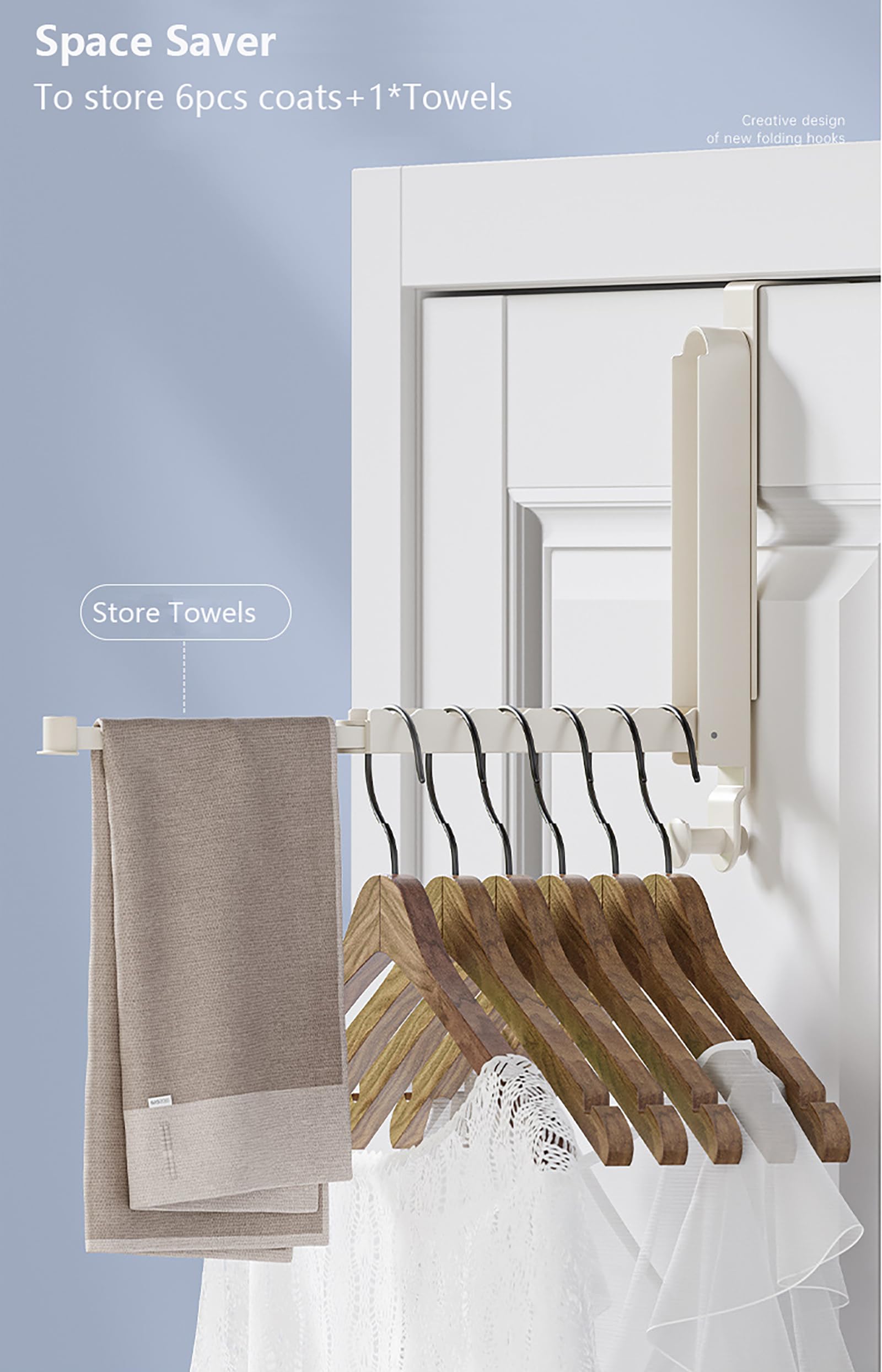 Over The Door Folding Clothes Drying Rack, Alluminum Alloy Hanger with Retractable Lod, Laundry Hanging Coat Rack with 6 Groves, Clothing Hanger Hook for Towel,Coat,Bag and Robe (White Hook Type)