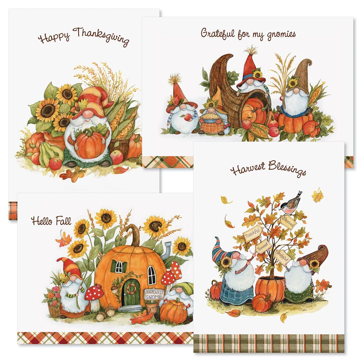 Current - Grateful Gnomes Thanksgiving Cards, Susan Winget, Themed Holiday Card Variety Value Pack, Set of 8 Large 5 x 7-Inch Cards, Assortment of 4 Unique Designs, Envelopes Included