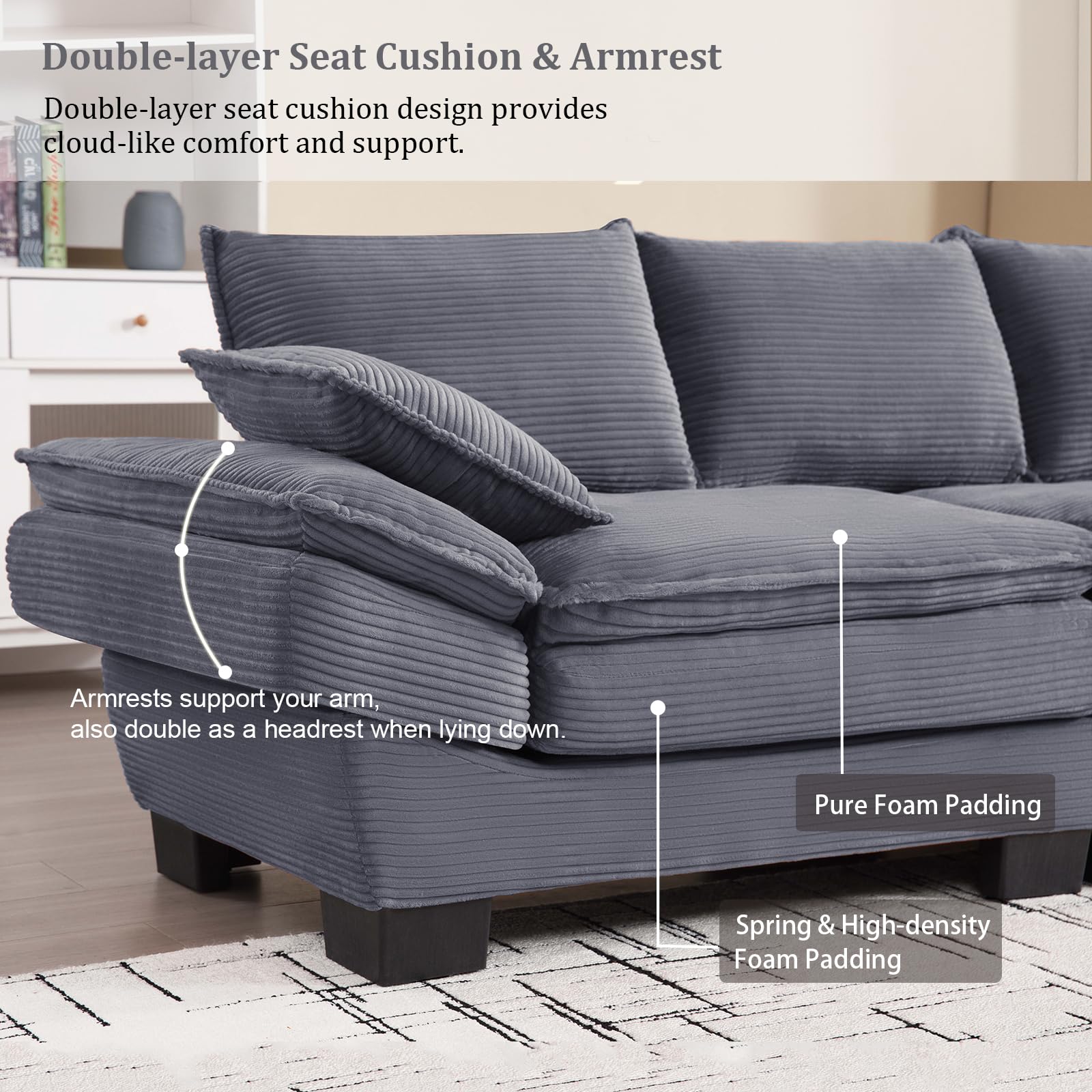 KIVENJAJA Corduroy Small Sectional Cloud Couch, Modern Comfy 3 Seater Sofa Oversized Loveseat with 2 Pillows for Living Room Apartment Bedroom Small Space, 88.6”W, Grey