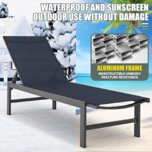 WOAJUQO Aluminum Chaise Lounge Chair Outdoor Set of 2,Pool Lounge Chair with Adjustable 5-Position Recliner,Full Flat Tanning Chair,Rust-Resistant Patio Lounge Chair for Pool, Beach,Garden,Navy Blue