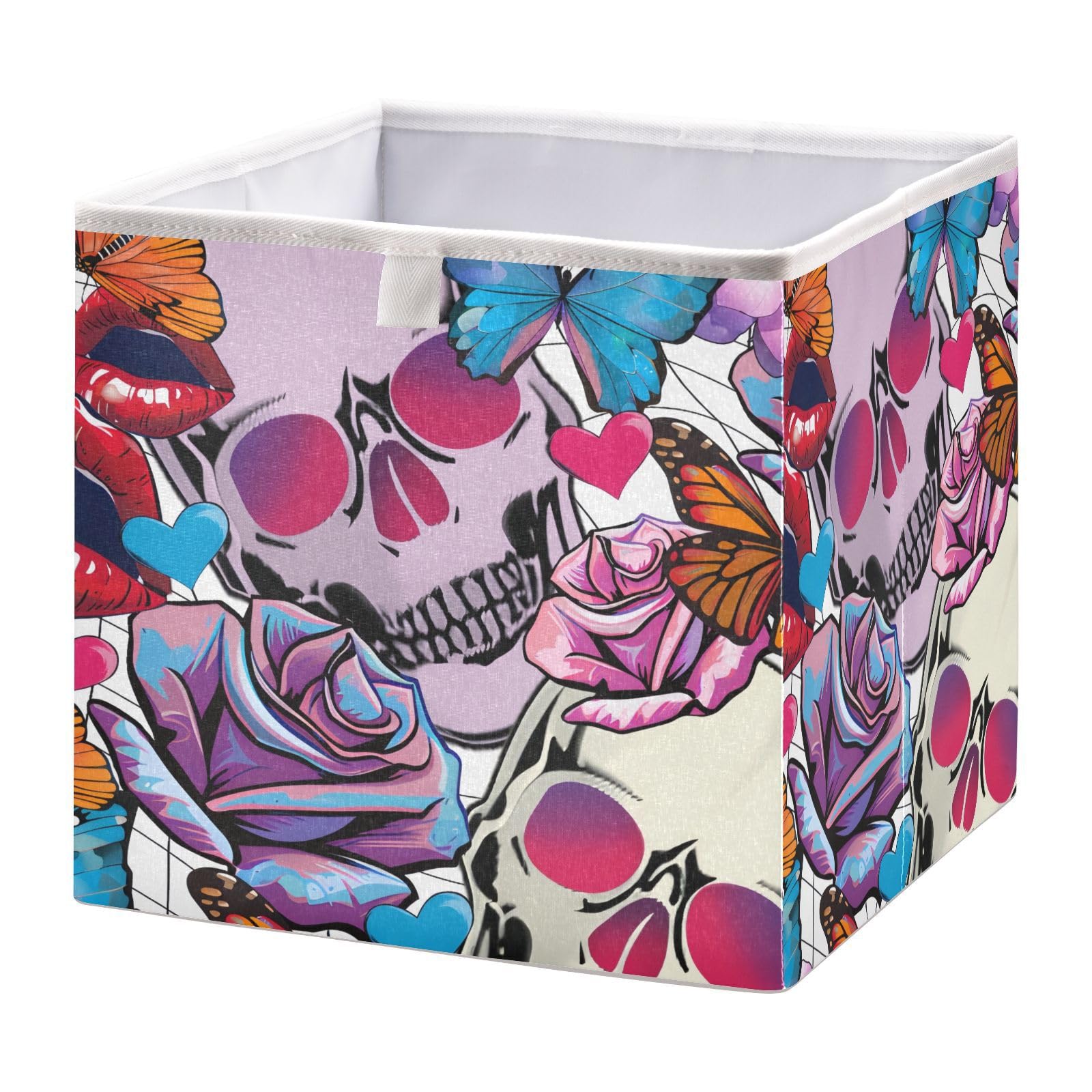 KOPIRIT Skulls Flowers Butterflies Storage Baskets Foldable Storage Cubes with Handles Closet Storage Bins for Organizing Shelves Closet