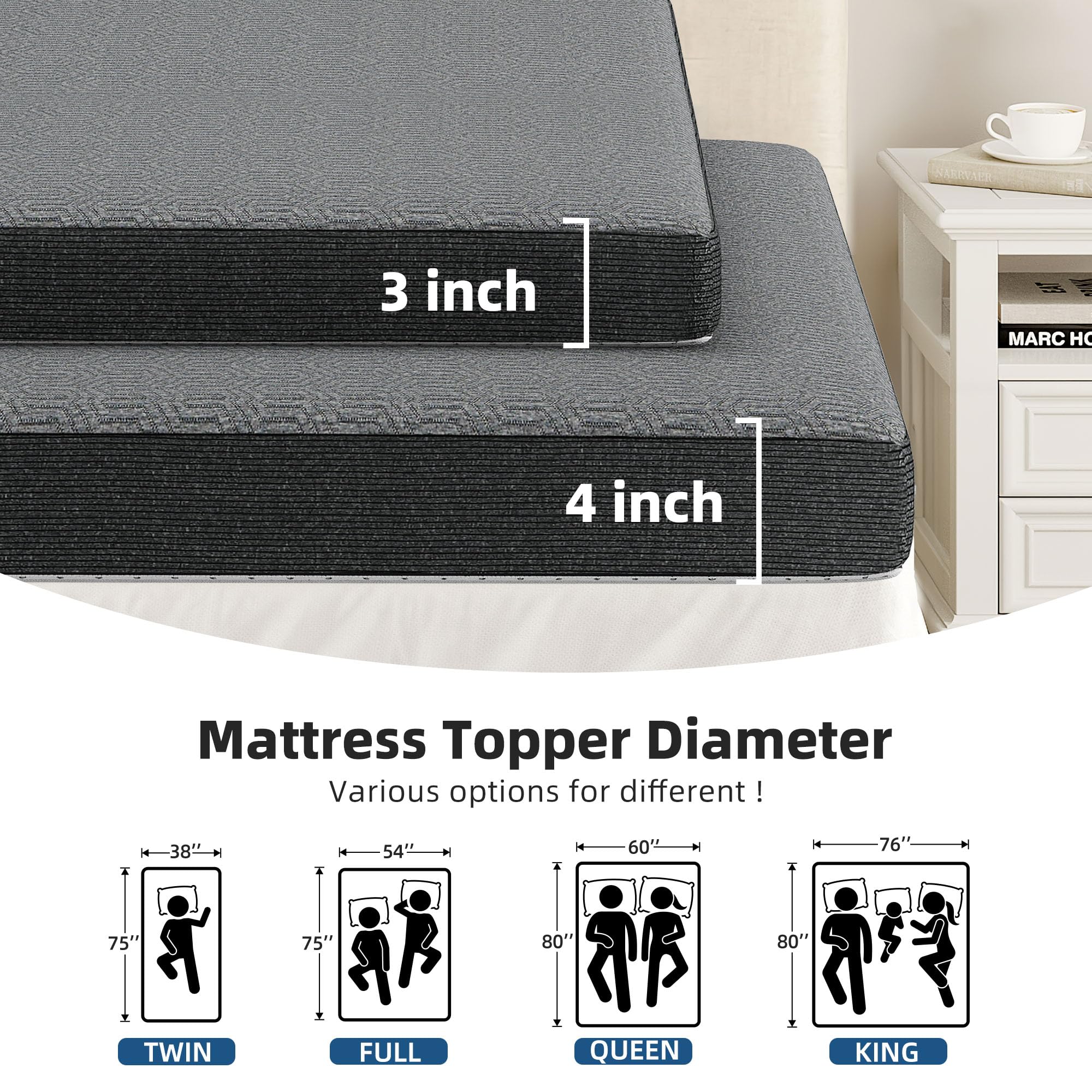 DWVO 4 Inch Memory Foam Mattress Topper Queen- Cooling Gel Memory Foam with Removable & Washable Cover - Mattress Pads for Pressure Relief Back Pain/Sofa/RV/Camper-CertiPur Certified