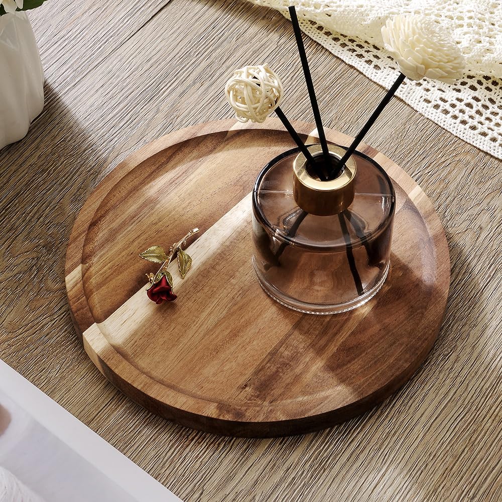 9.84" Wood Bathroom Vanity Tray Round Jewelry Storage, Rustic Farmhouse Coffee Table Decor, Circle Wooden Serving Tray, Walnut.