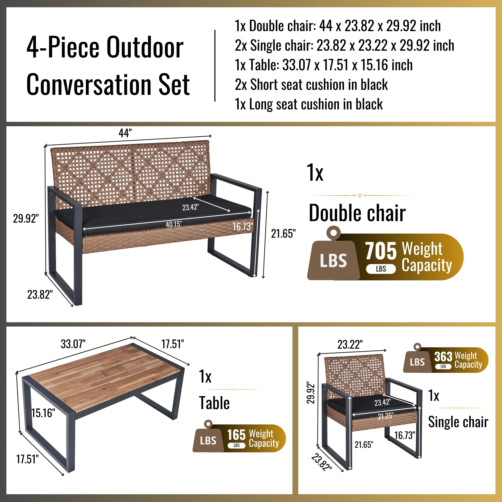 FocusOnHome 4-Piece Patio Furniture Set Outdoor Balcony Porch Garden Backyard Lawn Furniture Acacia Wood Table Top, Morden Black and Light Brown