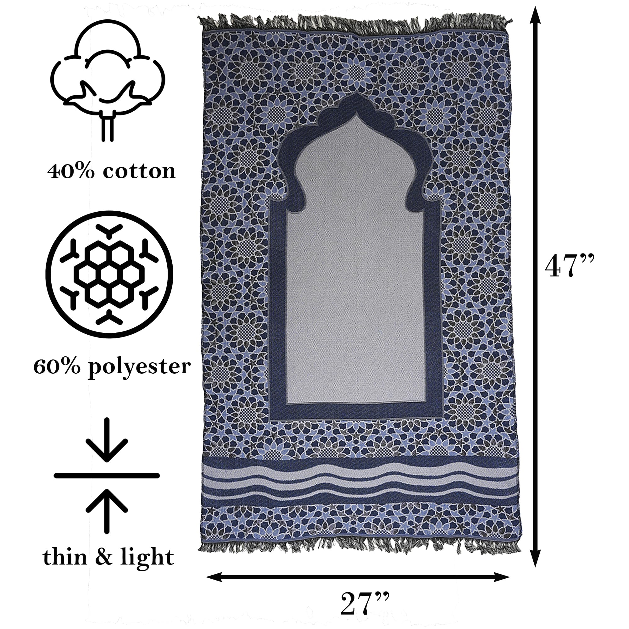 Modefa Turkish Islamic Prayer Mat Janamaz Sajjadah | Thin Woven Cotton Praying Rug | Traditional Muslim Sejada for Men Women Pocket Travel Mat - Stargazer (Blue)