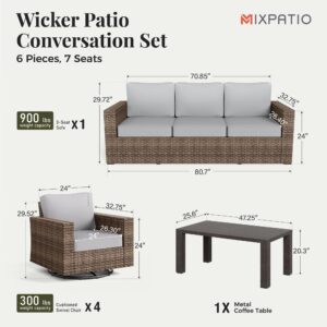 MIXPATIO 6 Pieces Patio Furniture Set, Outdoor Wicker Rattan Sofa Couch with 5.5" Thick Comfy Cushions, Wide Armrests Swivel Rocker Chairs and Coffe Table, High Back Conversation Set Garden Backyard