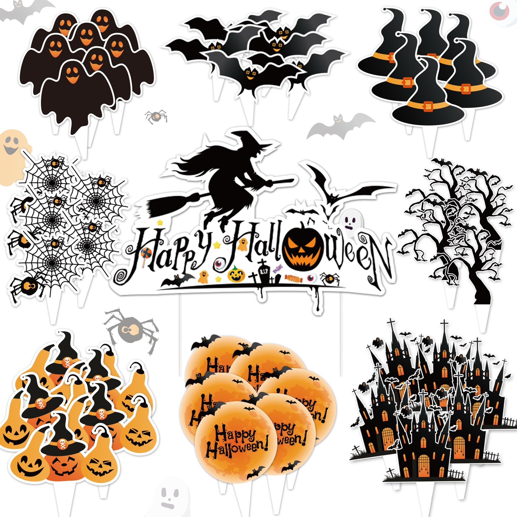 73pcs Halloween Cupcake Toppers Trick Or Treat Cake Topper For Halloween Birthday Decoration Witches Pumpkin Bat Ghost Party Supplies