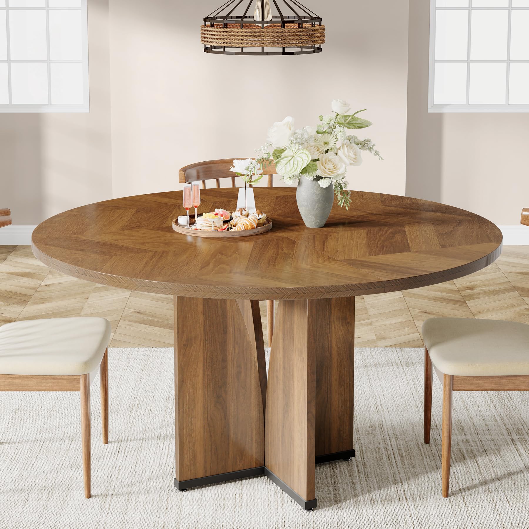 Tribesigns Round Dining Table Wood Kitchen Table for Dining Room Living Room, 39.37" Dining Table for 4 People, Farmhouse Dinner Table with Wooden Table Top and Legs, Rustic Brown (Without Chair)