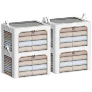 clothes storage bins with metal frame-4 pack foldable storage organizer bin for clothes linen fabric storage box with opening clear window (cream white, 15.7"l x 11.8"w x 7.8"h(inch))