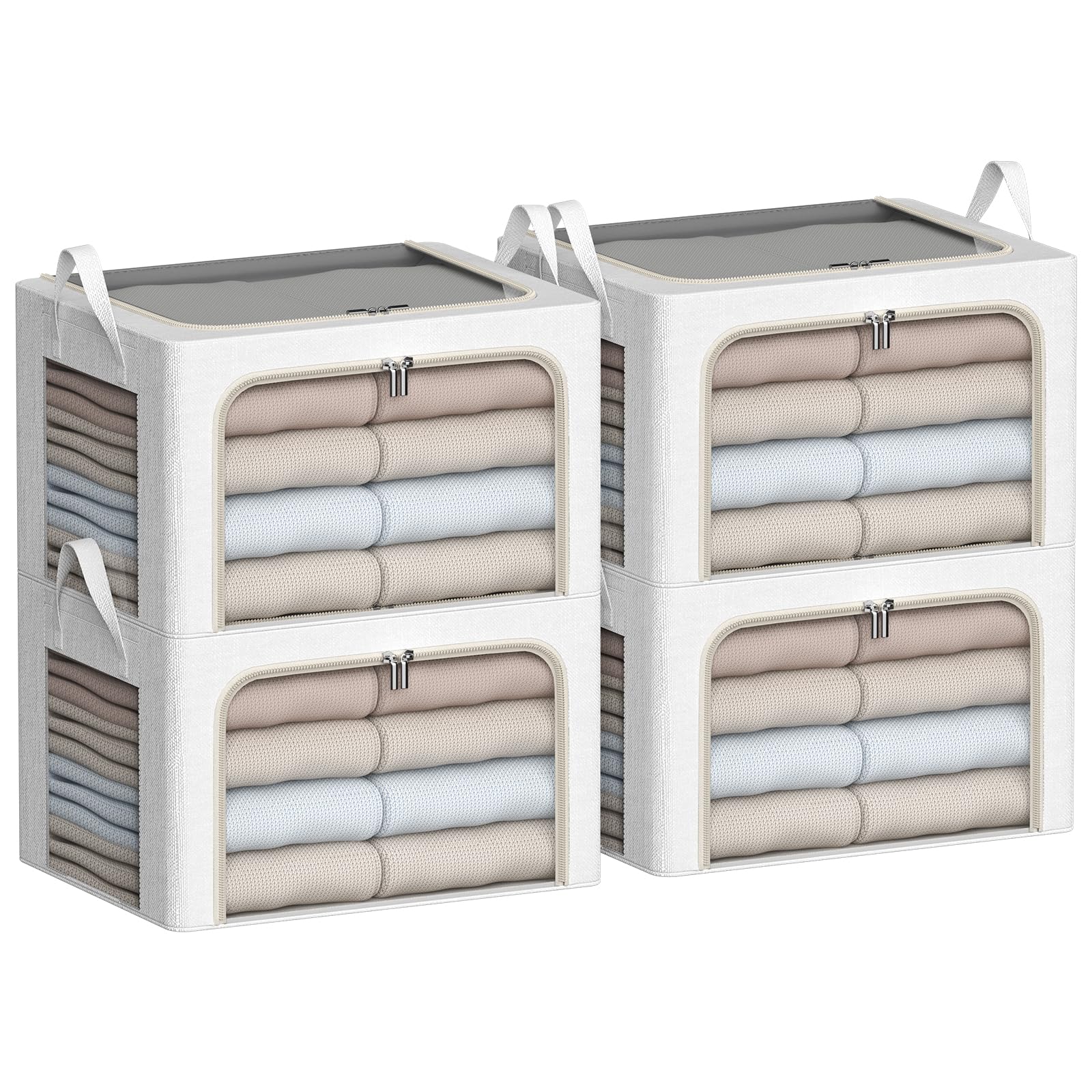 Clothes Storage Bins with Metal Frame-4 Pack Foldable Storage Organizer Bin for Clothes Linen Fabric Storage Box with Opening Clear Window (Cream White, 15.7"L x 11.8"W x 7.8"H(inch))