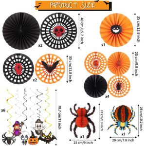 Halloween Hanging Paper Fans Decorations, Orange and Black Halloween Decor.Paper Spider Honeycomb, Hanging Swirls Decorations, Bat Pumpkin Spider Paper Garland for Wall Window Halloween Decorations.