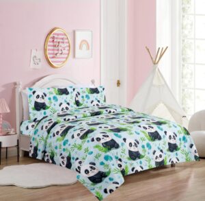 comfy deal hight thread count super soft microfiber kid breathable bed sheet set with pillowcase, flat and fitted sheet (twin, panda)