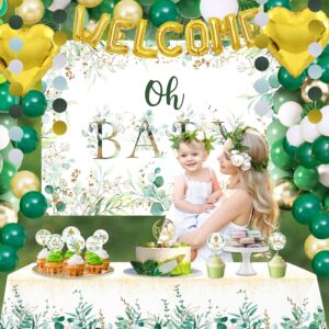 Sage Green Baby Shower Decorations, Neutral Baby Shower Party Decorations for Boy Girl with Oh Baby Backdrop, Tablecloth, Cake Topper, Balloon Garland, Dots Banner for Woodland Safari Gender Decor