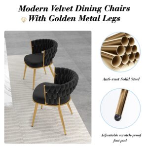 KCC Velvet Dining Chairs Set of 2, Gold Modern Dining Chair with Metal Legs, Woven Upholstered Dining Chairs for Dining Room, Kitchen, Vanity, Living Room (Black)