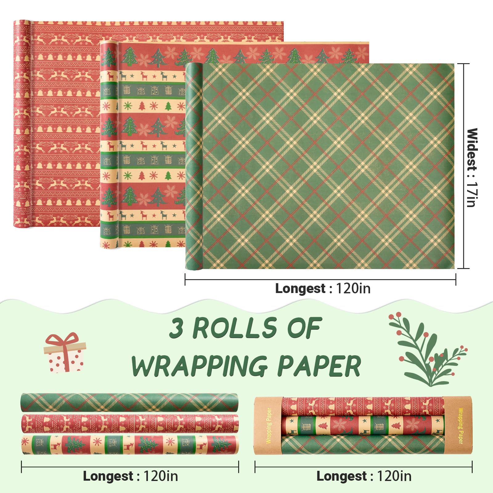 Vintage Christmas Wrapping Paper Mini Roll 17 Inch X 120 Inch 3 Different Christmas Rolls, Grid, Christmas Tree, Deer and Dell Print Wrapping Paper for Kids Gift Wrapping, Christmas Family Party, Christmas Tree Decorations