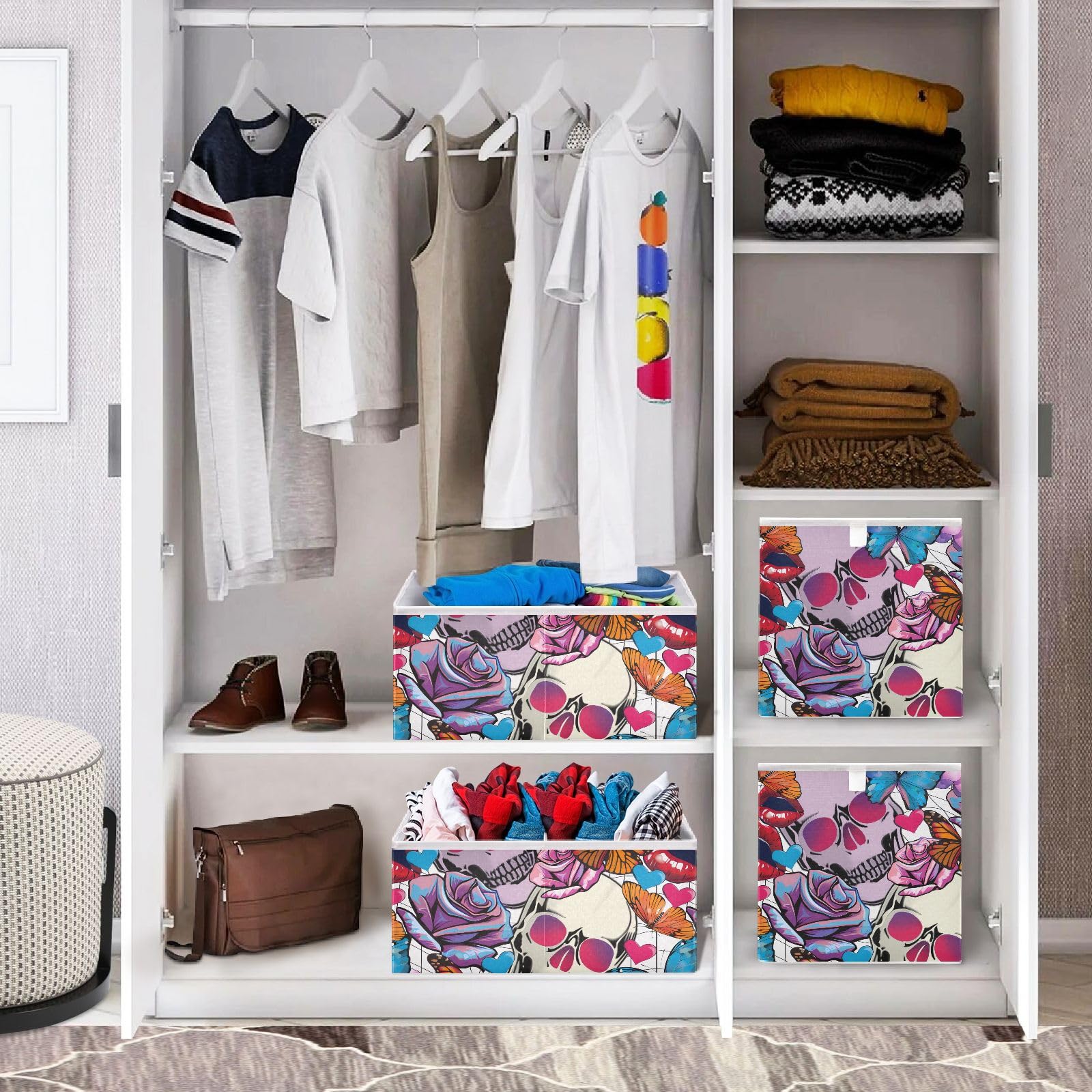 KOPIRIT Skulls Flowers Butterflies Storage Baskets Foldable Storage Cubes with Handles Closet Storage Bins for Organizing Shelves Closet