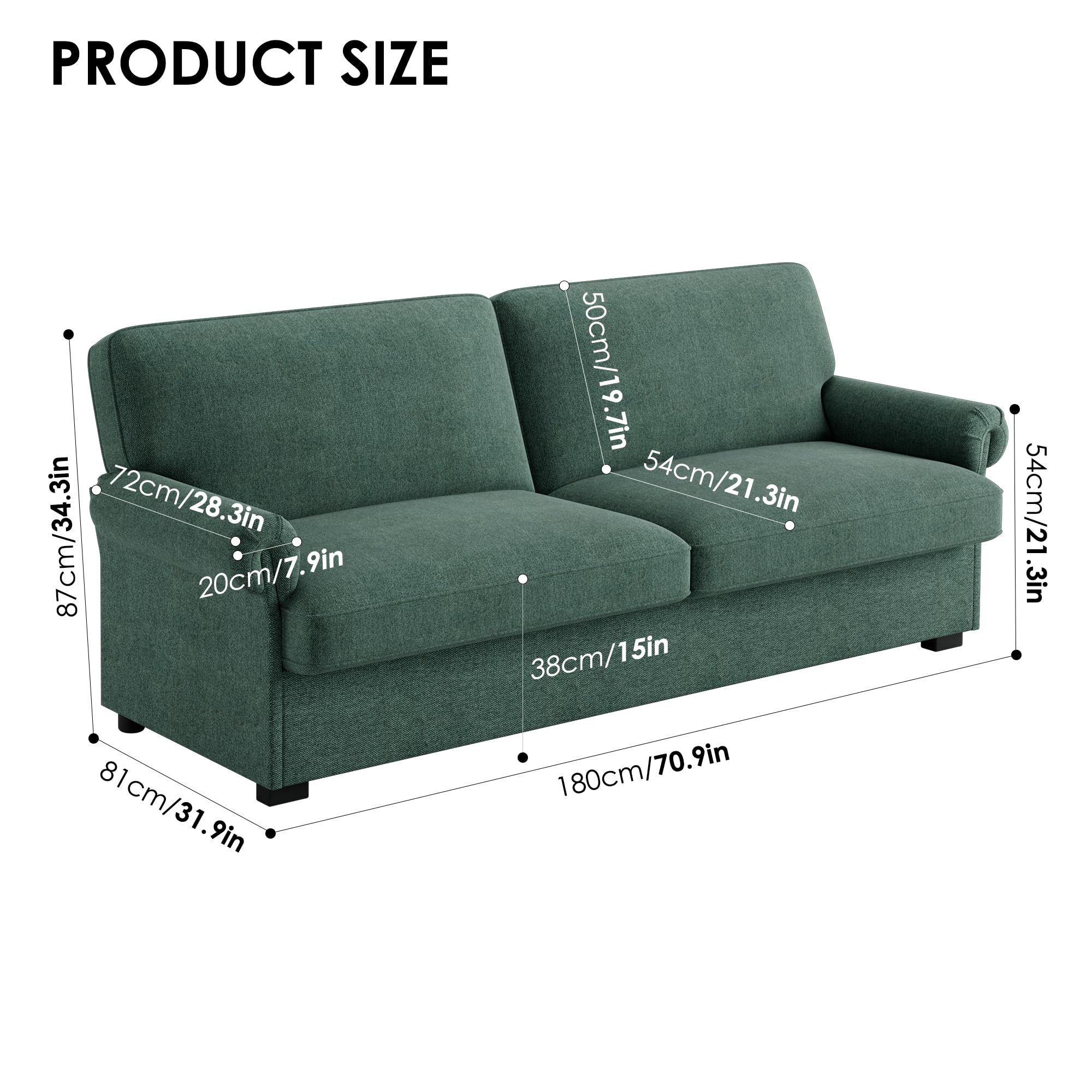 Keyluv 70.9" Modern Loveseat Sofa Couches for Living Room, Fabric Couches with 21.7" Deep Seat and Widen Curved Armrest, Solid Wood Frame, Removable Sofa Cover, Easy Assembly, Green