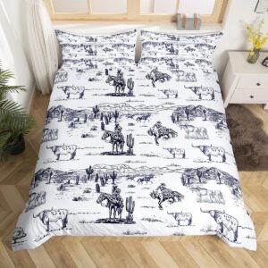 western cowboy duvet cover set queen size,sketch highland cow horse desert bedding set for kids boys men adult room decor,southwest rustic farm animals comforter cover navy white quilt cover 3pcs