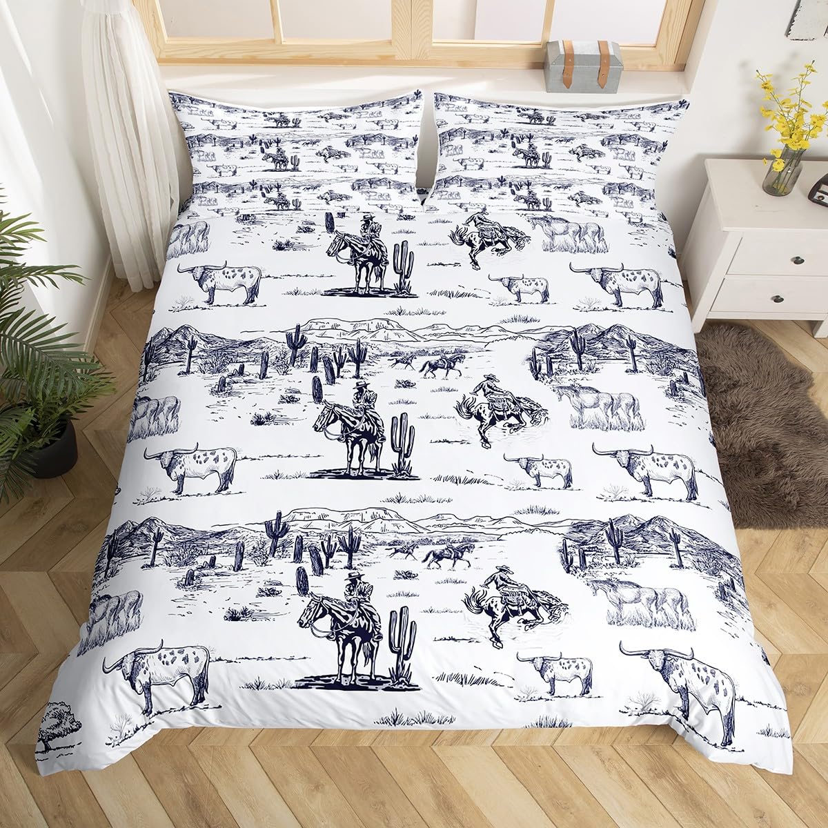 Western Cowboy Duvet Cover Set Queen Size,Sketch Highland Cow Horse Desert Bedding Set for Kids Boys Men Adult Room Decor,Southwest Rustic Farm Animals Comforter Cover Navy White Quilt Cover 3Pcs