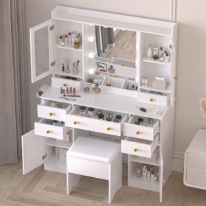 yesasin Makeup Vanity Desk with Mirror and Lights, White Vanity with Charging Station & Vanity Chair, LED Light Vanity Table Set with Storage 7 Drawers and 4 Cabinet for Bedroom, Dressing Bedroom