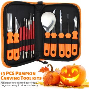 13 PCS Pumpkin Carving Tools Halloween Pumpkin Carving Kit, Pumpkin Professional Detail Sculpting Tools, Heavy Duty Stainless Steel Pumpkin Cutting Knife with Carrying Case for Halloween Party