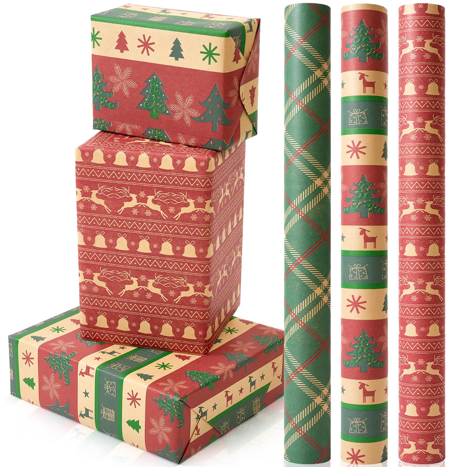 Vintage Christmas Wrapping Paper Mini Roll 17 Inch X 120 Inch 3 Different Christmas Rolls, Grid, Christmas Tree, Deer and Dell Print Wrapping Paper for Kids Gift Wrapping, Christmas Family Party, Christmas Tree Decorations