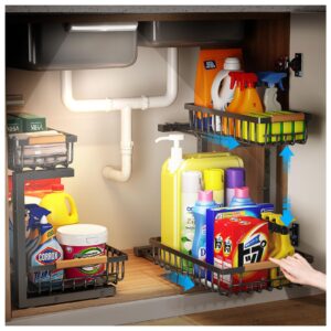 metal under sink organizer with cabinet light, 2 pcs height adjustable (10.1"-13.3") bathroom organizers and storage, 2 tier pull out cabinet organizer drawers, under sink storage shelves for kitchen