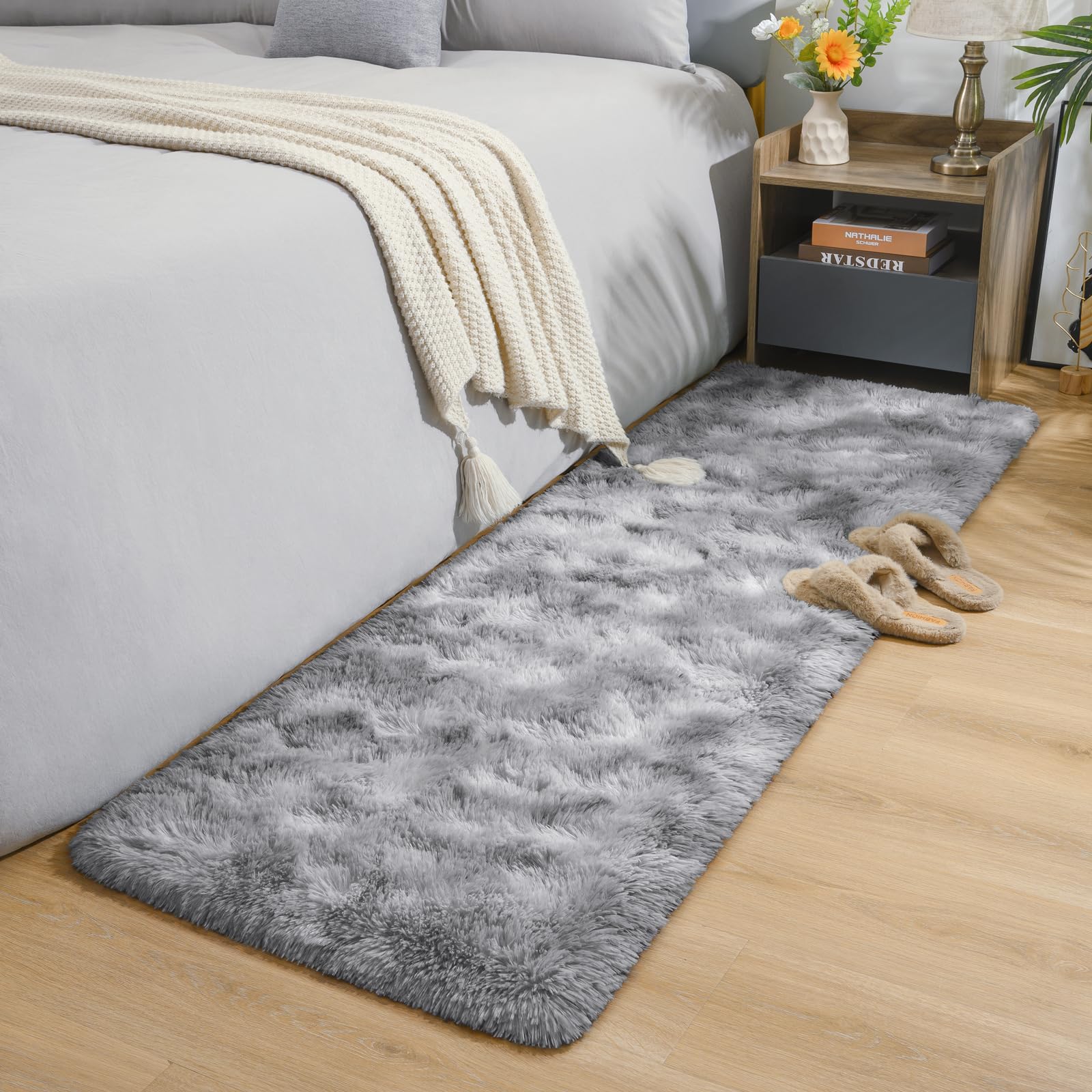 AROGAN 2x6 Feet Soft Runner Rugs for Bedroom Plush Fluffy Rug, Shag Furry Area Rug Carpet Non Shedding for Nursery Children Kids Girls Room Home Hallways Decorative, Grey and White