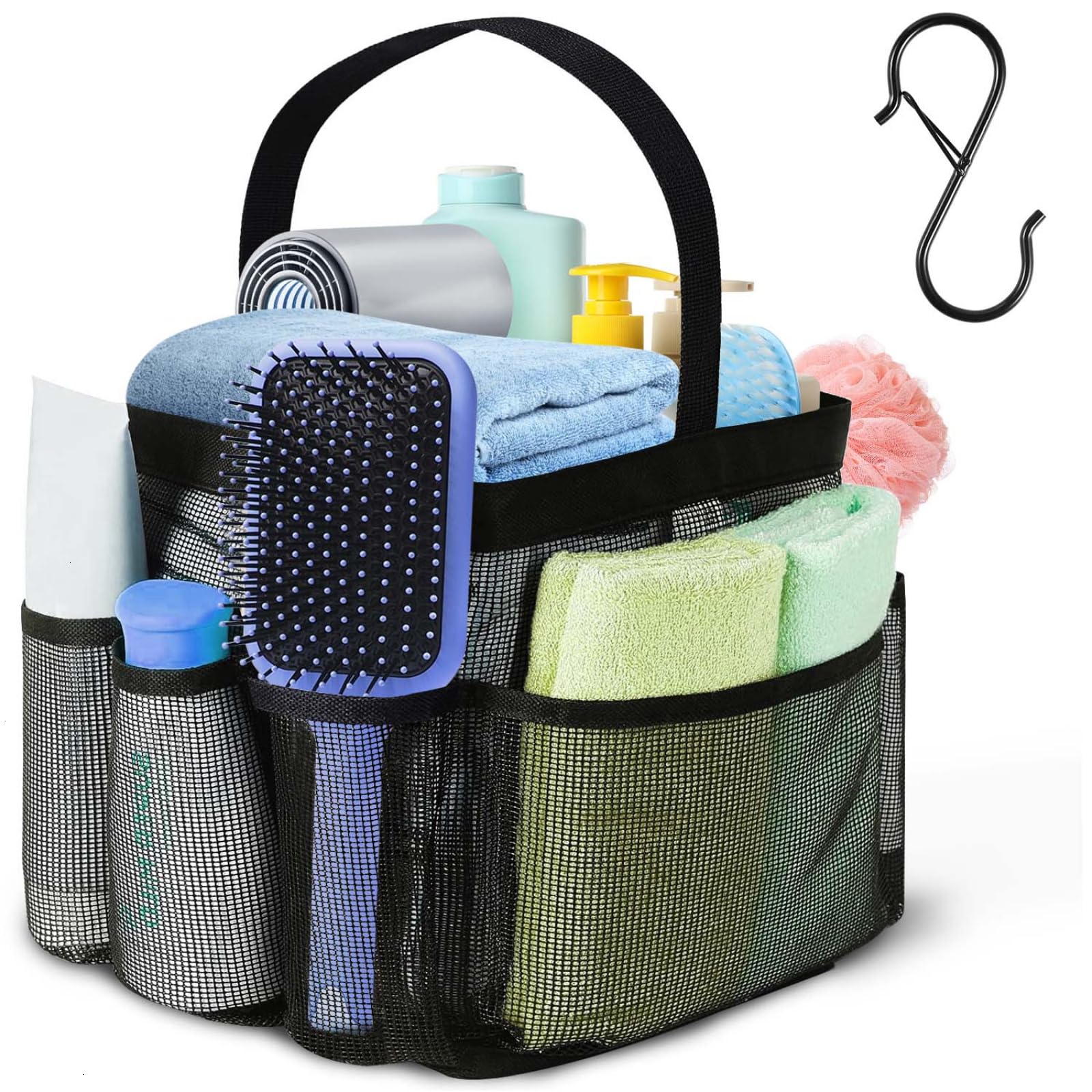 WSSROGY Portable Mesh Shower Caddy Tote Bag with 8 Pockets for Camping, Swimming, Gym, Bathroom, Dorm (Black)