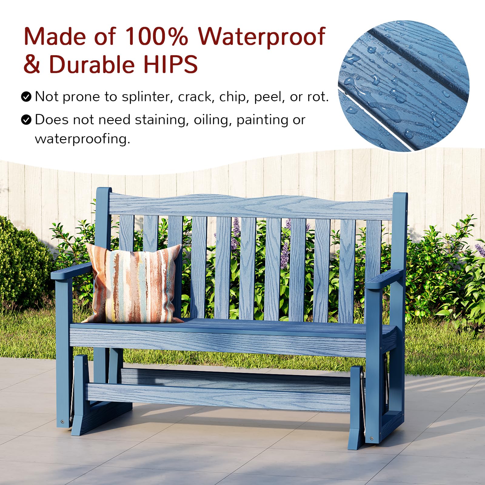 Stoog Patio Glider, 2-Person All-Weather HIPS Outdoor Glider Bench with 800 lbs Weight Capacity, Weatherproof Glider, Low Maintenance, Blue