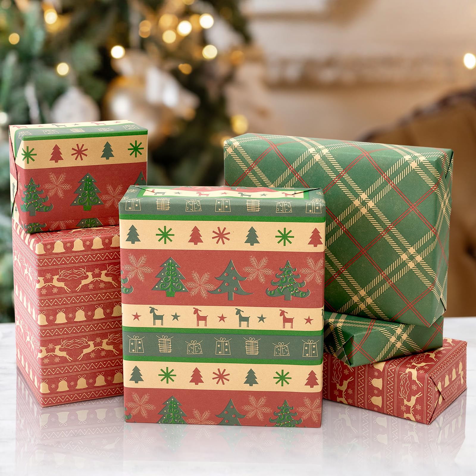 Vintage Christmas Wrapping Paper Mini Roll 17 Inch X 120 Inch 3 Different Christmas Rolls, Grid, Christmas Tree, Deer and Dell Print Wrapping Paper for Kids Gift Wrapping, Christmas Family Party, Christmas Tree Decorations