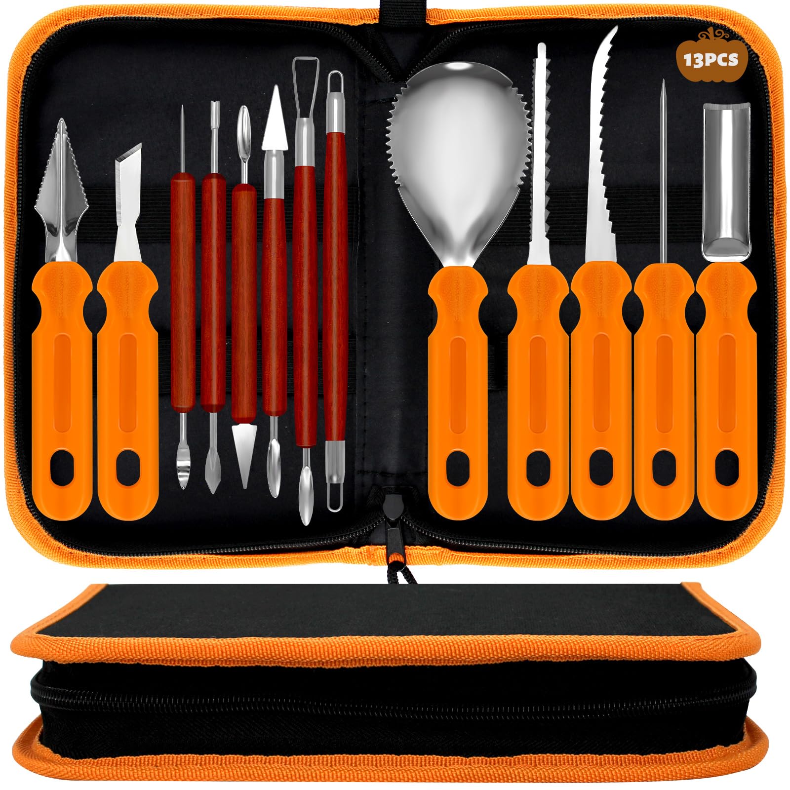 13 PCS Pumpkin Carving Tools Halloween Pumpkin Carving Kit, Pumpkin Professional Detail Sculpting Tools, Heavy Duty Stainless Steel Pumpkin Cutting Knife with Carrying Case for Halloween Party