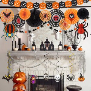 Halloween Hanging Paper Fans Decorations, Orange and Black Halloween Decor.Paper Spider Honeycomb, Hanging Swirls Decorations, Bat Pumpkin Spider Paper Garland for Wall Window Halloween Decorations.