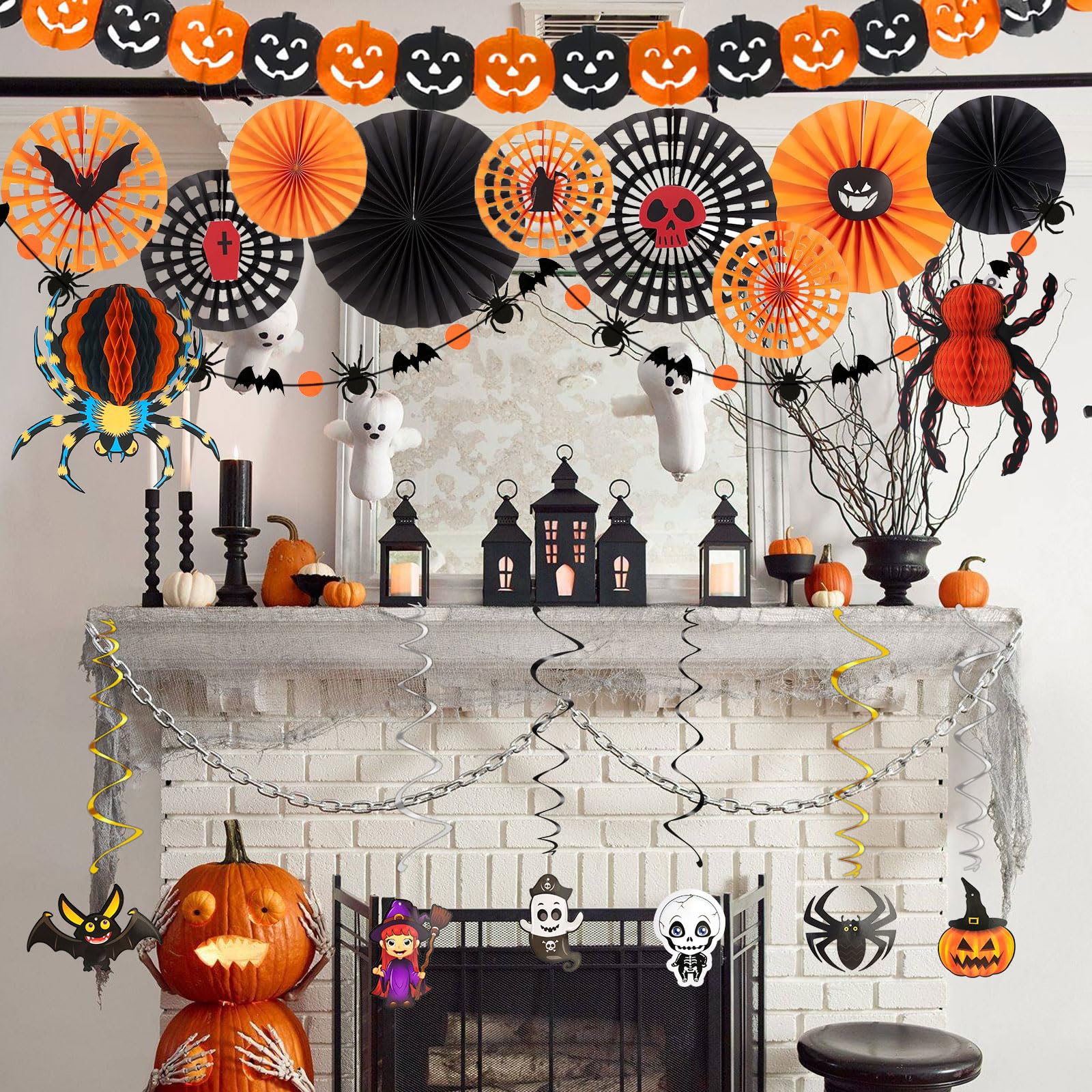 Halloween Hanging Paper Fans Decorations, Orange and Black Halloween Decor.Paper Spider Honeycomb, Hanging Swirls Decorations, Bat Pumpkin Spider Paper Garland for Wall Window Halloween Decorations.