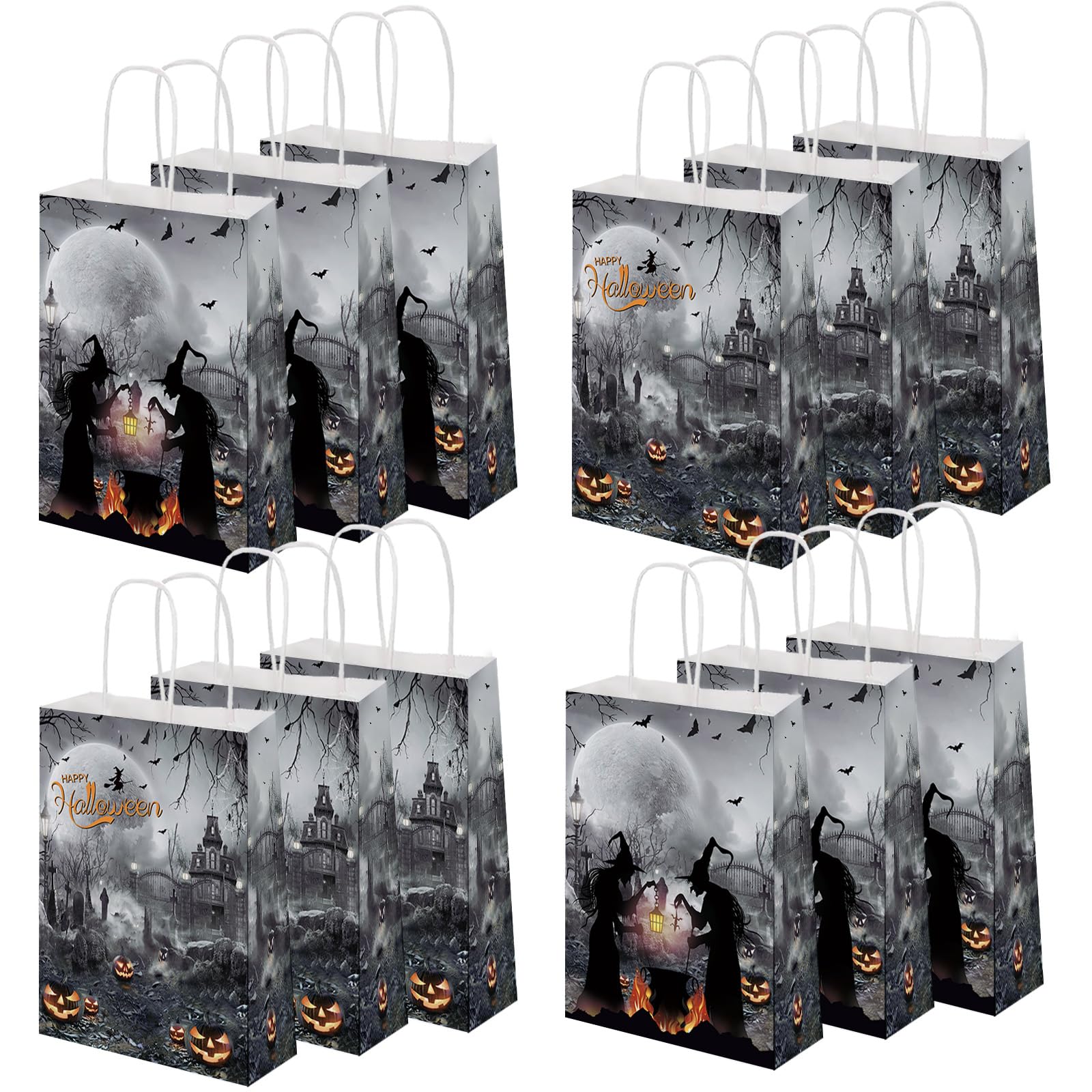 MEHOFOND Happy Halloween Treat Bags, Halloween Paper Bags with Handle Trick or Treat Bags with Pumpkin Spooky Witch Bats Cemetery Party Favor for Halloween Party Decorations 24Pcs