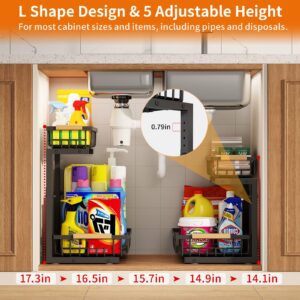 Metal Under Sink Organizer with Cabinet Light, 2 PCS Height Adjustable (10.1"-13.3") Bathroom Organizers and Storage, 2 Tier Pull Out Cabinet Organizer Drawers, Under Sink Storage Shelves for Kitchen