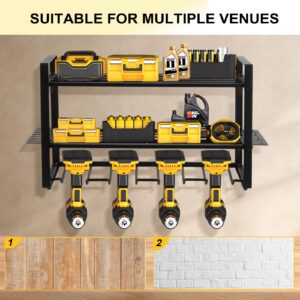 Power Tool Organizer Wall Mount, 2 Pack 3 Layers Garage Wall Shelving, 8 Drill Holder Wall Mount, Cordless Tool Organizer, Garage Storage Rack with 4 Extension Cord Holder