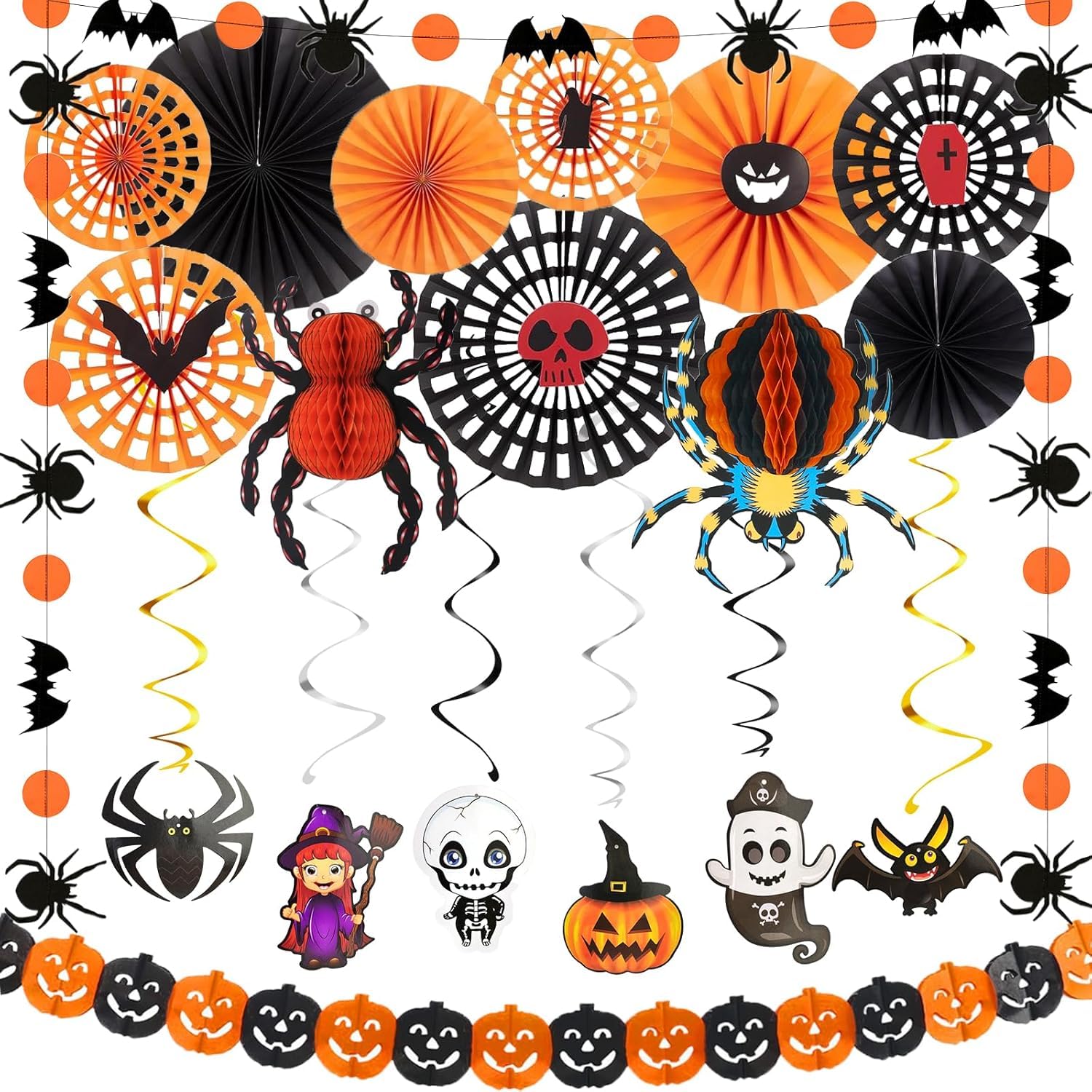 Halloween Hanging Paper Fans Decorations, Orange and Black Halloween Decor.Paper Spider Honeycomb, Hanging Swirls Decorations, Bat Pumpkin Spider Paper Garland for Wall Window Halloween Decorations.