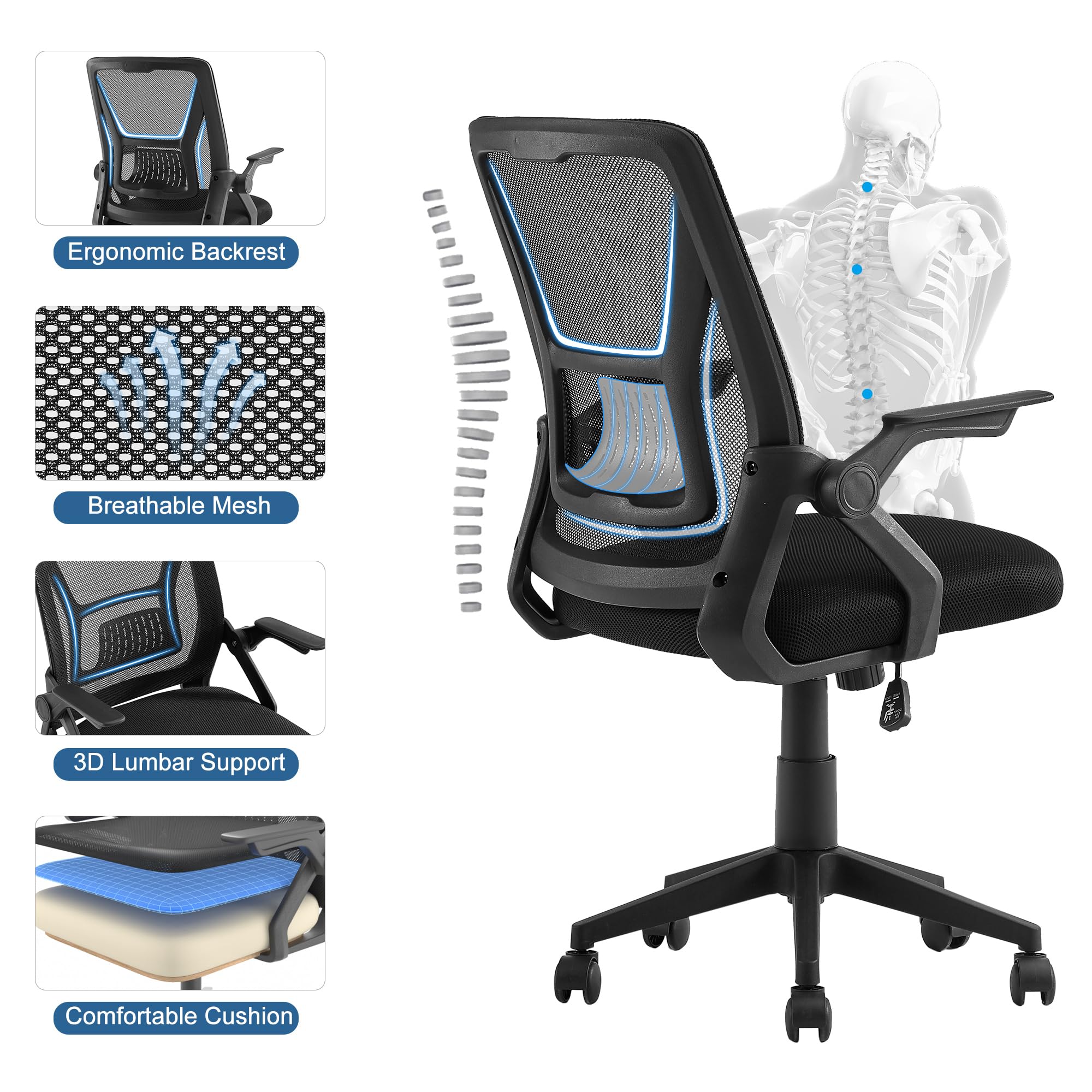 VECELO Mid-Back Swivel Ergonomic Office Chair with Adjustable Arms, Mesh Lumbar Support for Computer Task Work, Black