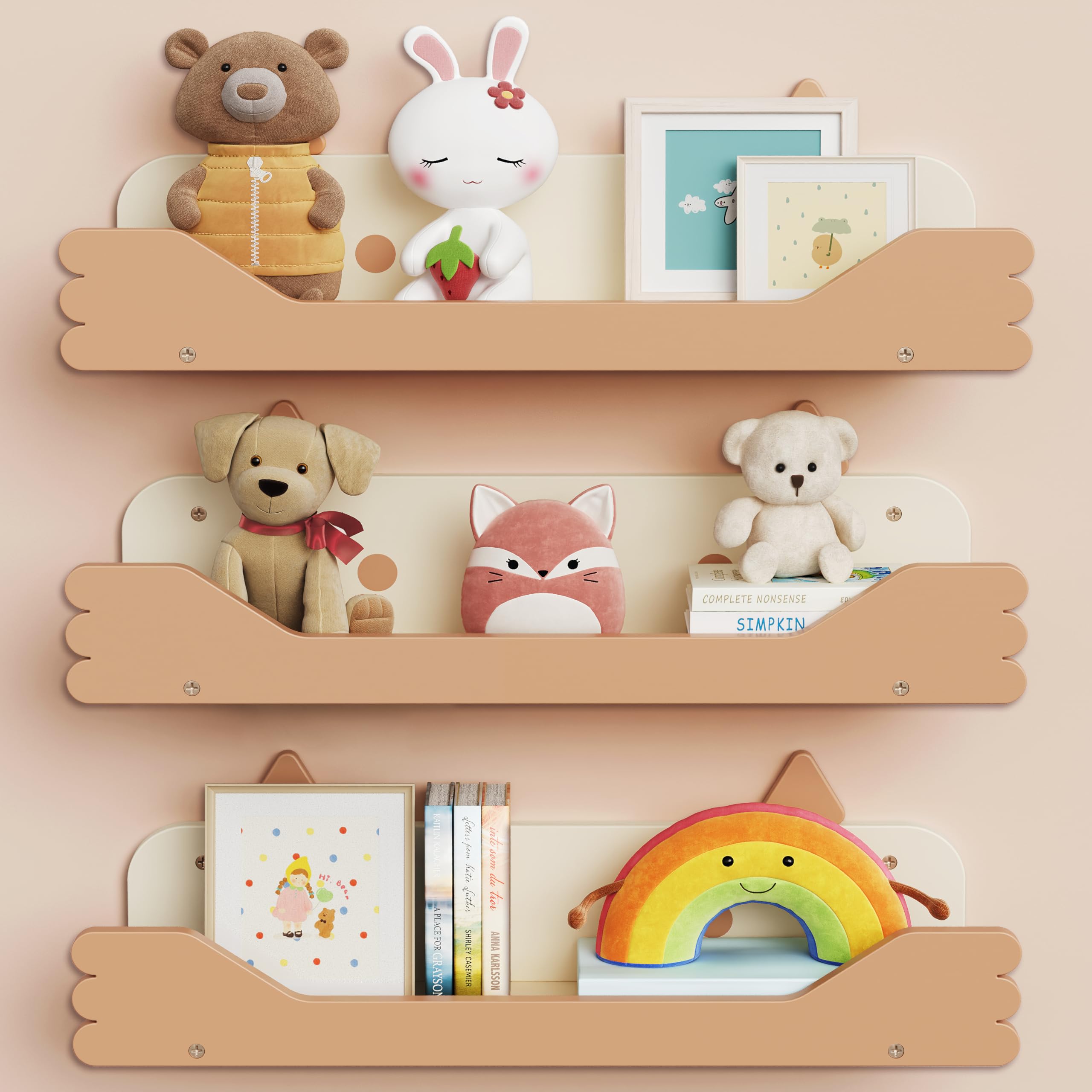 TomVista Nursery Floating Shelves, 16.5 Inches Cute Decorative Shelf for Bedroom, Kids' Room, Wall Mounted Wood Bookshelf Organizer for Wall Storage, White/Sandy Beige, Set of 3